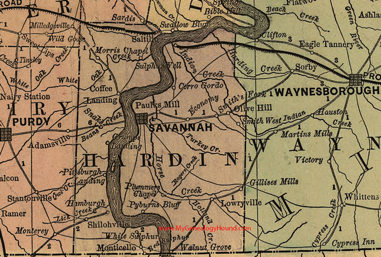 Hardin County, Tennessee 1888 Map Savannah, Monticello, Shilohville, Lowryville, Cerro Gordo, Paulks Mill, Saltillo, Crumps Landing, Economy, TN