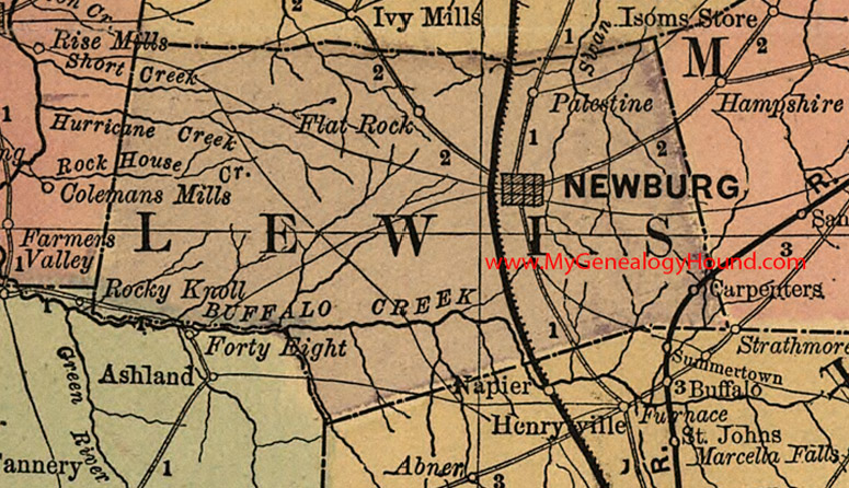 Lewis County, Tennessee 1888 Map Newburg, Palestine, Carpenters, Flat Rock, TN