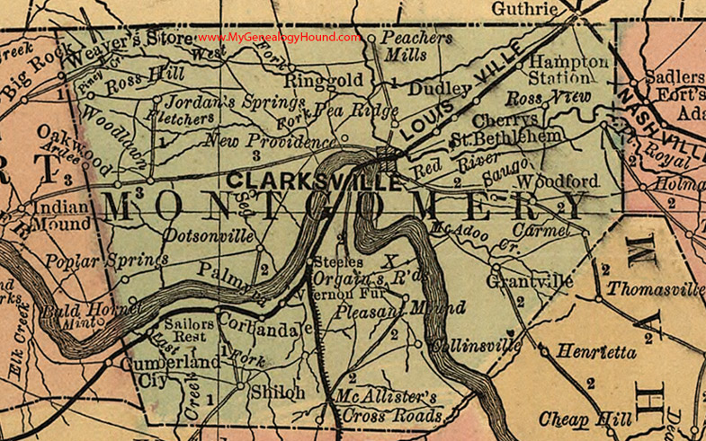 Montgomery County, Tennessee 1888 Map Clarksville, Ringgold, St. Bethlehem, Pea Ridge, Shiloh, Dotsonville, New Providence, Carmel, Palmyra, TN