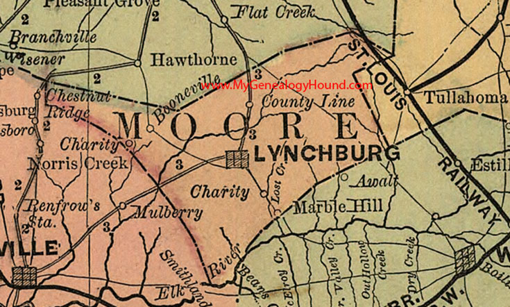 Moore County, Tennessee 1888 Map Lynchburg, Charity, Booneville, County Line, Marble Hill, TN