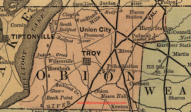 Obion County, Tennessee 1888 Map Troy, Union City, Clayton, Freemont, Hornbeak, Kenton, Crockett, Rives, McConnell, TN