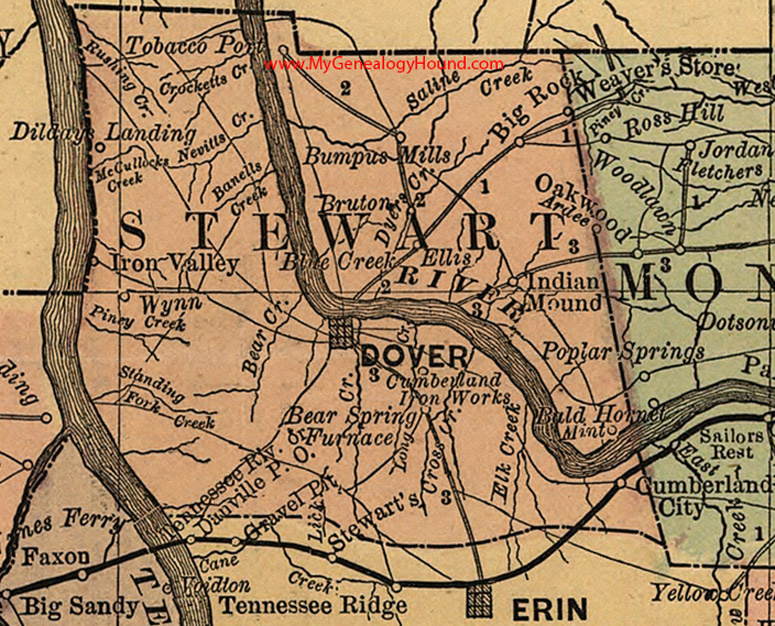 Stewart County, Tennessee 1888 Map Dover, Cumberland City, Weaver's Store, Big Rock, Wynn, Bruton, Ellis, Tobacco Port, Indian Mound, TN