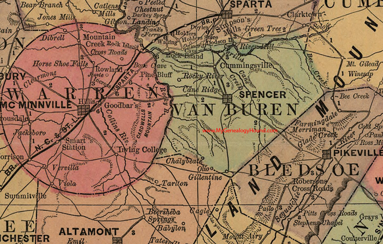 Van Buren County, Tennessee 1888 Map Spencer, Cummingsville, Chalybeate, Olio, Gillentine, Bone Cave, Rocky River, Cane Ridge, TN