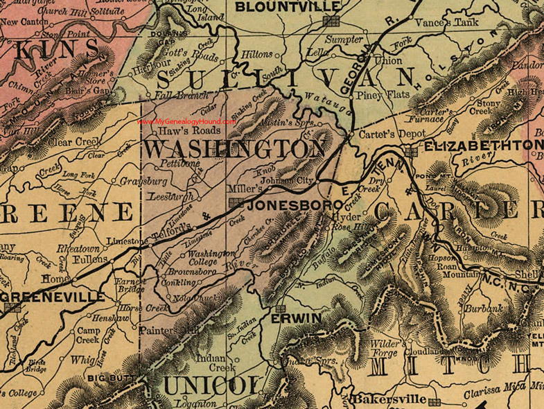 Washington County, Tennessee 1888 Map Jonesboro, Johnson City, Pettibone, Leesburgh, Washington College, Nola Chucky, Telford's, Brownsboro, Conkling, TN
