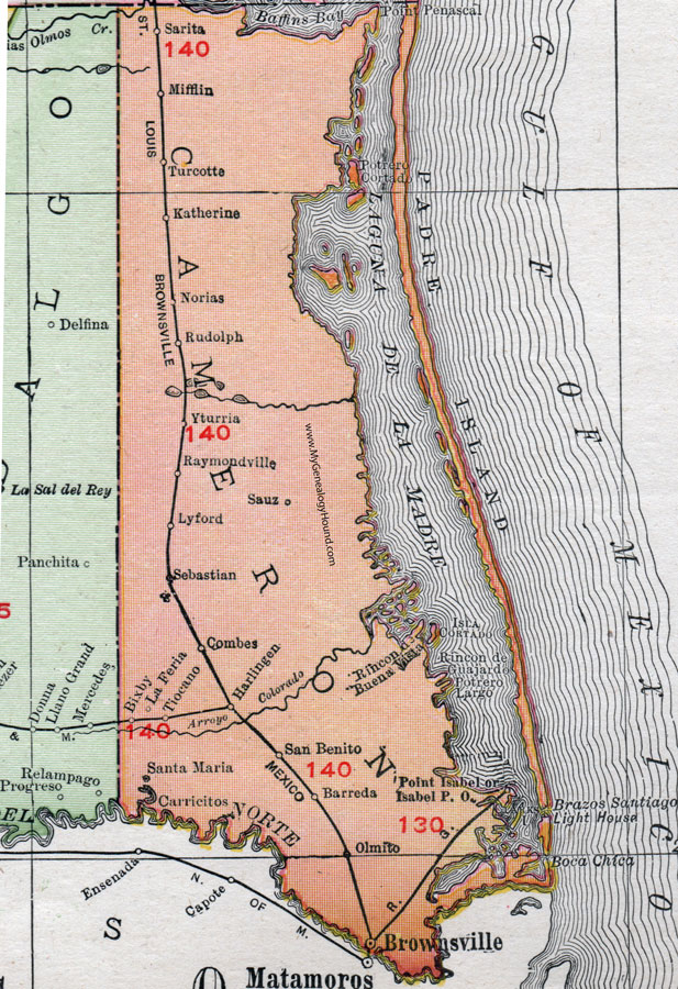 Cameron County, Texas, Map, 1911, Brownsville, Harlingen, San Benito, Raymondville, La Feria, Padre Island