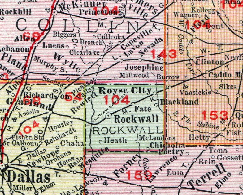 Rockwall County, Texas, Map, 1911, Rockwall City, Royse City, Blackland, Chisholm, McLendons, Heath, Fate