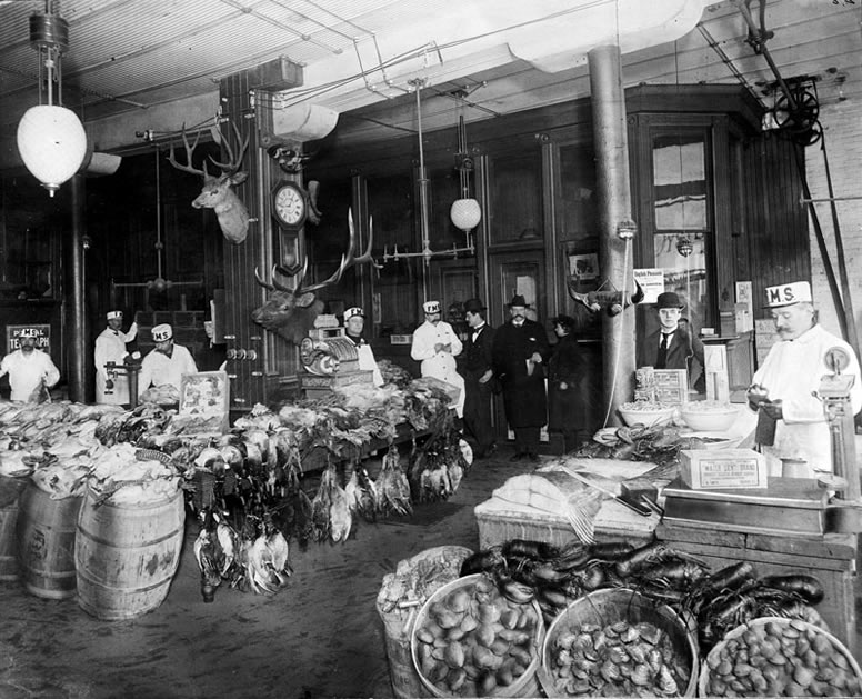 Chicago, Illinois, F. M. Smith and Co. Game, butcher shop, meat market, historic photo