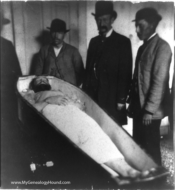 Jesse James in his casket, 1882, historic photo