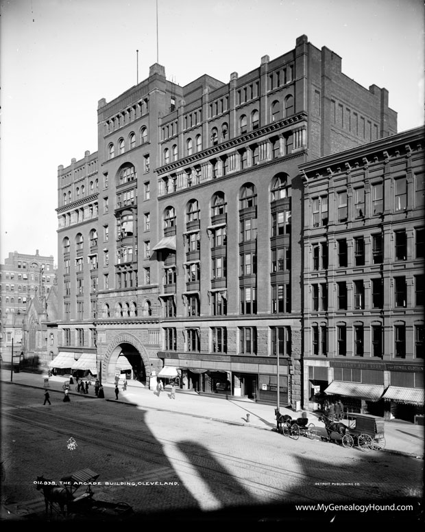 Exterior of The Arcade building from about 1900, by Detroit Publishing Company.
