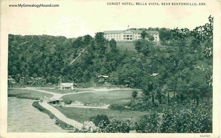 Bella Vista, Arkansas, Sunset Hotel, vintage postcard, historic photo