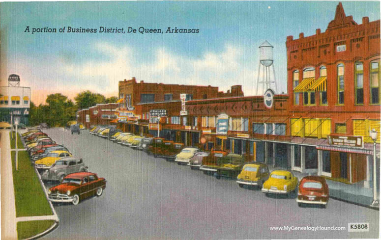 De Queen, Arkansas, Business District, vintage postcard, historic photo