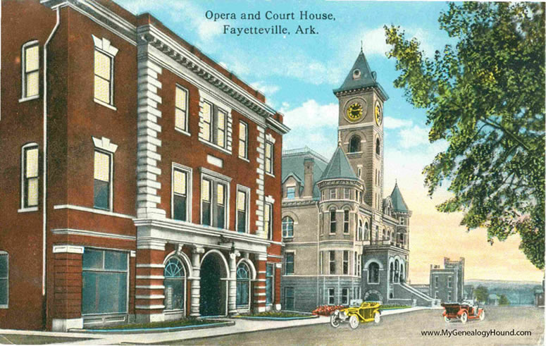 Fayetteville, Arkansas, Opera and Court House, vintage postcard, historic photo