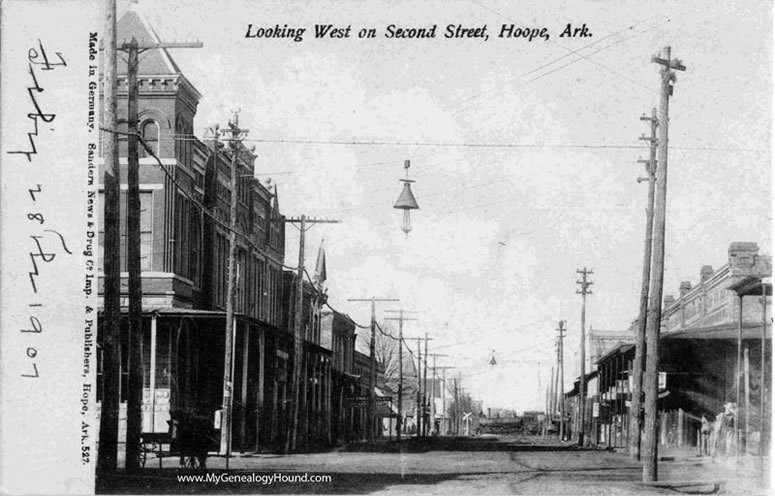 Hope, Arkansas, Looking West on Second Street, vintage postcard, historic photo