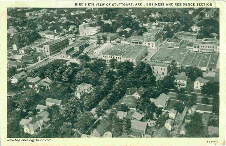 Stuttgart, Arkansas, Bird's Eye View Business and Residence Section, vintage postcard, historic photo