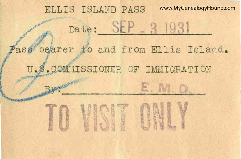 Ellis Island Vistor Pass from 1931