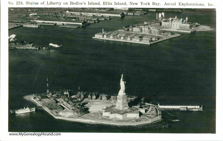 New York Harbor with Ellis Island and Statue of Liberty Vintage Postcard
