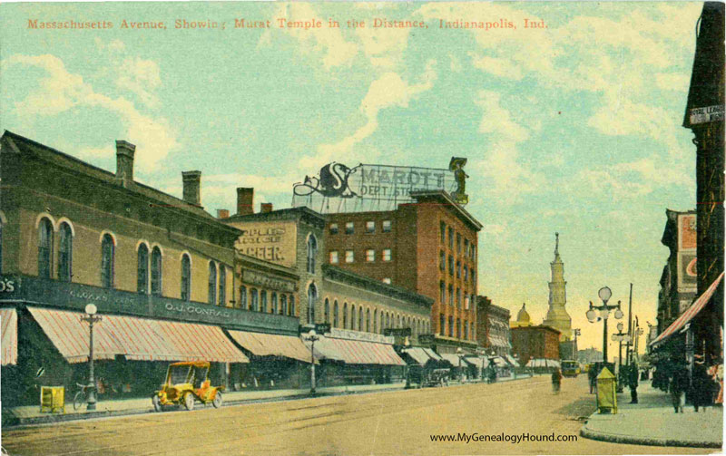 Indianapolis, Indiana, Massachusetts Avenue showing Murat Temple in distance, vintage postcard, historic photo