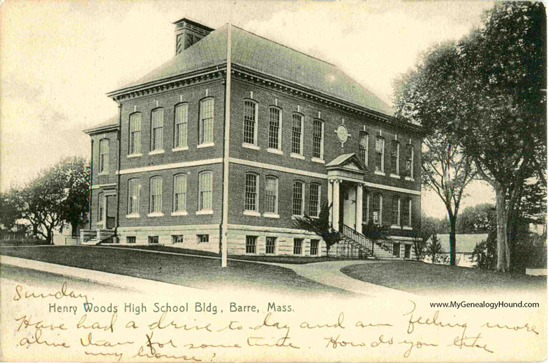 Barre, Massachusetts, Henry Woods High School Building, vintage postcard photo