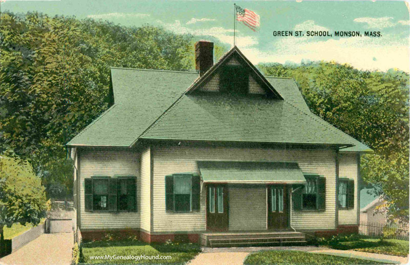 Monson, Massachusetts, Green St. School, vintage postcard, historic photo