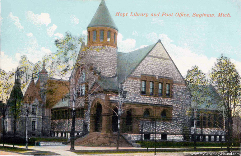 Saginaw, Michigan, Hoyt Library and Post Office, vintage postcard photo