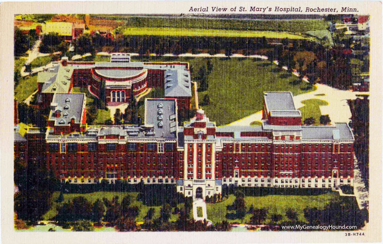 An aerial view of St. Mary's Hospital, Rochester, Minnesota, vintage postcard, photo