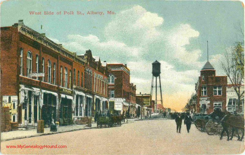 Albany, Missouri, West Side of Polk Street, vintage postcard, historic photograph