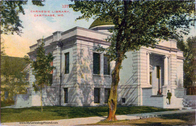 Carthage, Missouri, Carnegie Library, vintage postcard photo Carthage, Missouri, Carnegie Library, vintage postcard photo