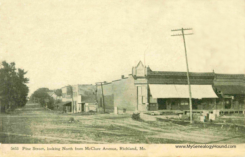 Richland, Missouri, Pine Street Looking North From McClure Avenue, vintage postcard, historic photo