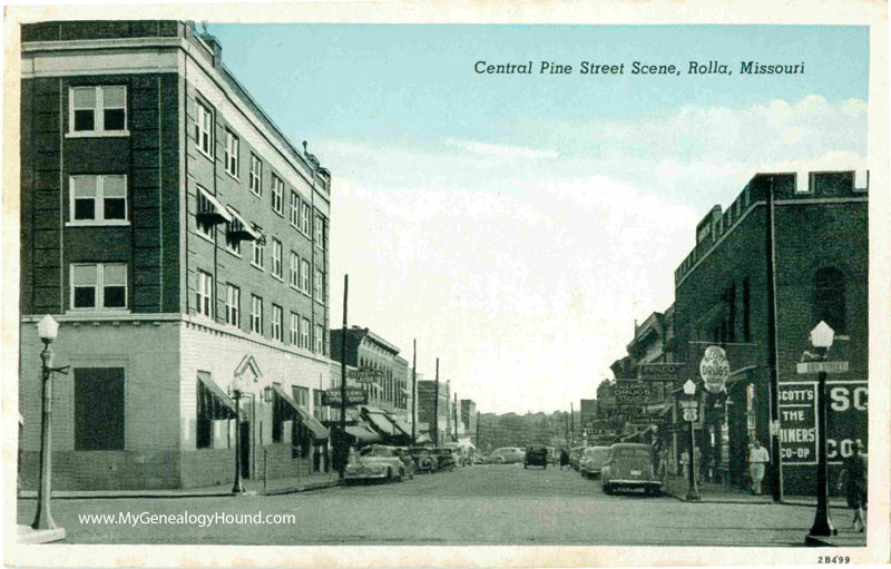 Rolla, Missouri, Central Pine Street Scene, vintage postcard, historic photo