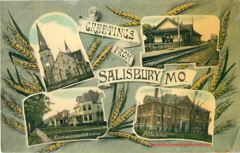 Salisbury, Missouri, St. Joseph's Church, Railroad Depot, Public School, Residences on South Broadway, Vintage Postcard, historic photos
