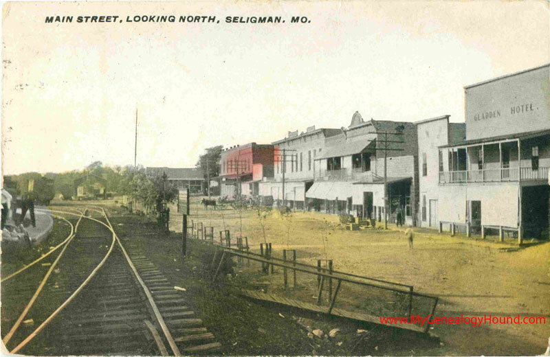 Seligman, Missouri Main Street Looking North vintage postcard, historic photo, Gladden Hotel