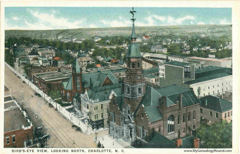 Charlotte, North Carolina Bird's Eye View, Looking North, vintage postcard, historic photo