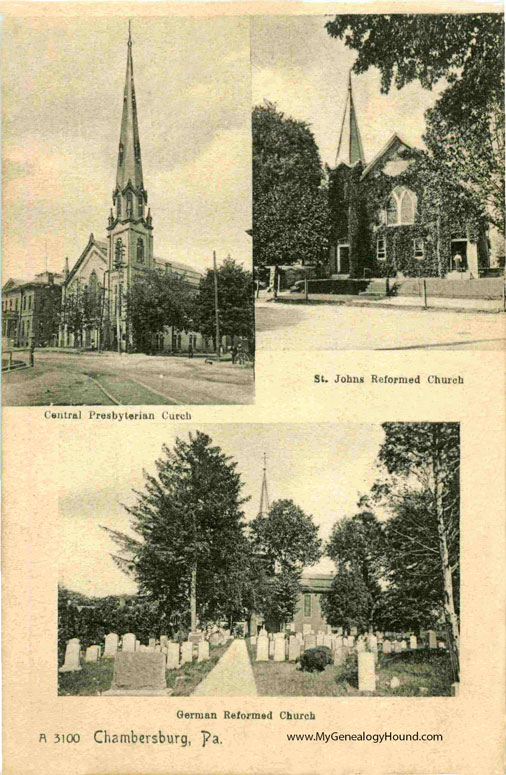 Chambersburg, Pennsylvania, Central Presbyterian Church, St. Johns Reformed Church, German Reformed Church, vintage postcard photo